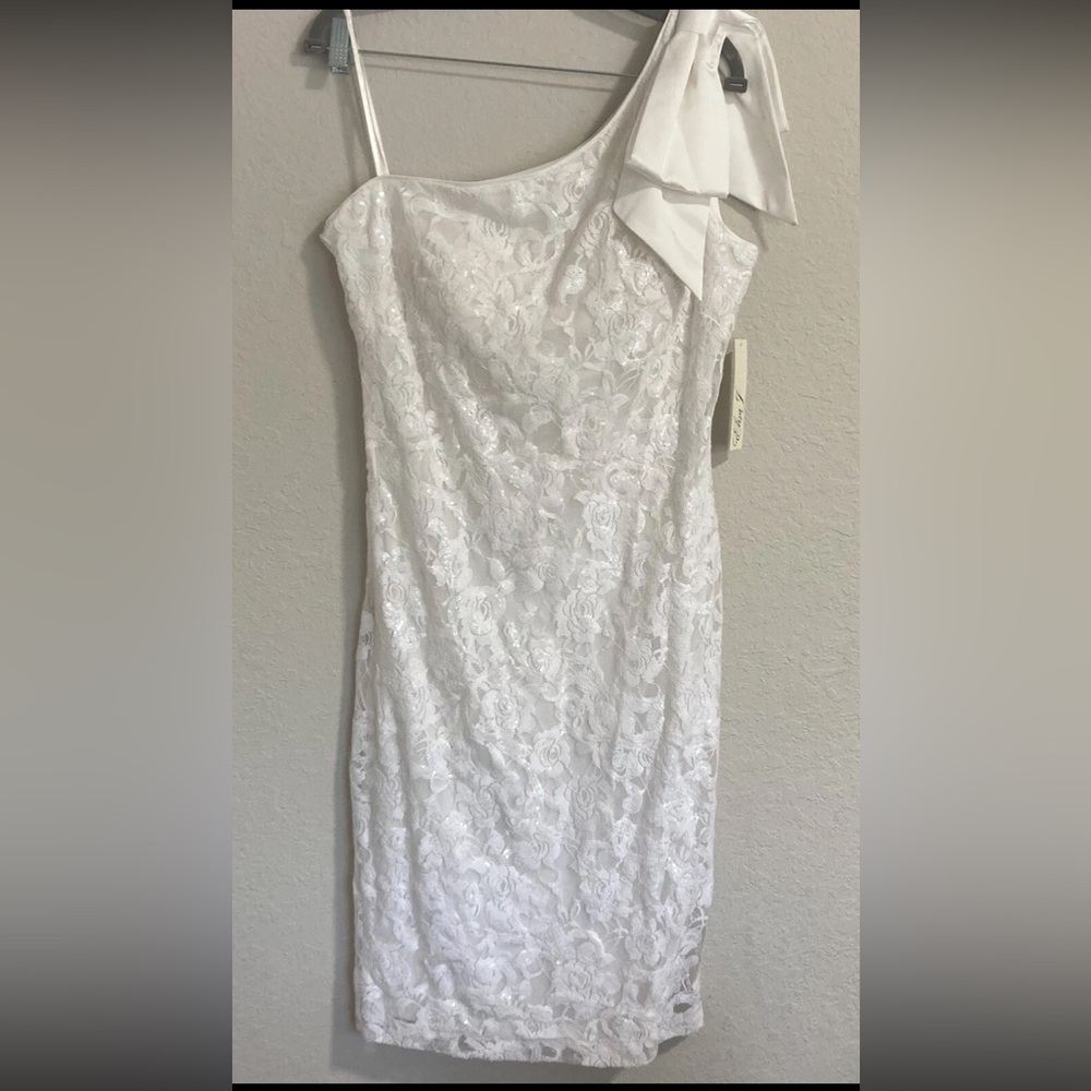Eliza J White Lace and Sequin One-Shoulder Dress